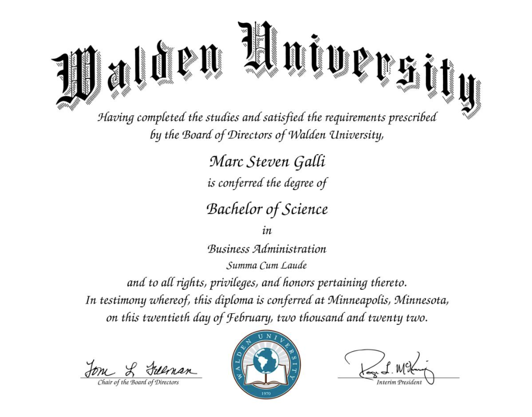 Marc S. Galli, Bachelor of Science in Business Administration, Walden University